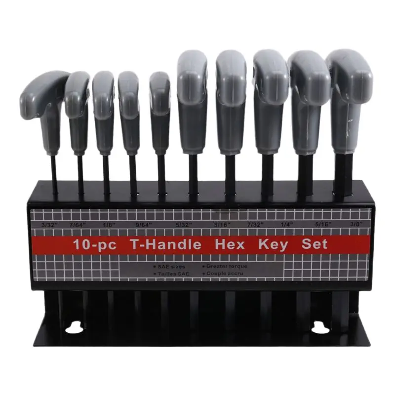 

Набор шестигранных ключей с Т-образной рукояткой, 10 шт., 3/32–3/8 дюйма, с подставкой для хранения, для авторемонта