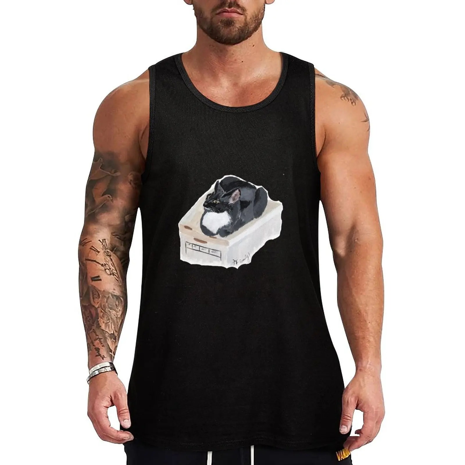 

Rukia the Tuxedo Cat on a Box Tank Top sleeveless muscle t-shirt cotton t-shirts man