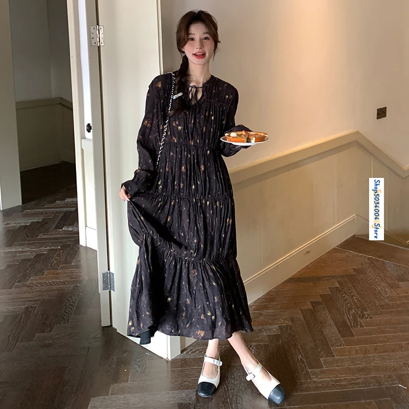 

2024 Autumn New Long Sleeve Floral Dress for Women French Style Vintage Elegant Loose Casual Pleated Maxi Dresses Female 2787