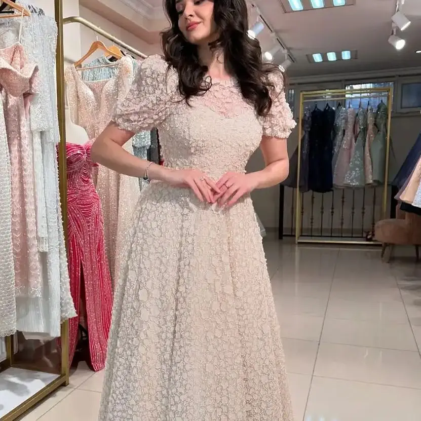 

FATAPAESE Customized Evening Gown Beaded Flowers-Crytsals Appqulies on Dress Short Sleeve Engagement A-line Maxi Princess Gowns