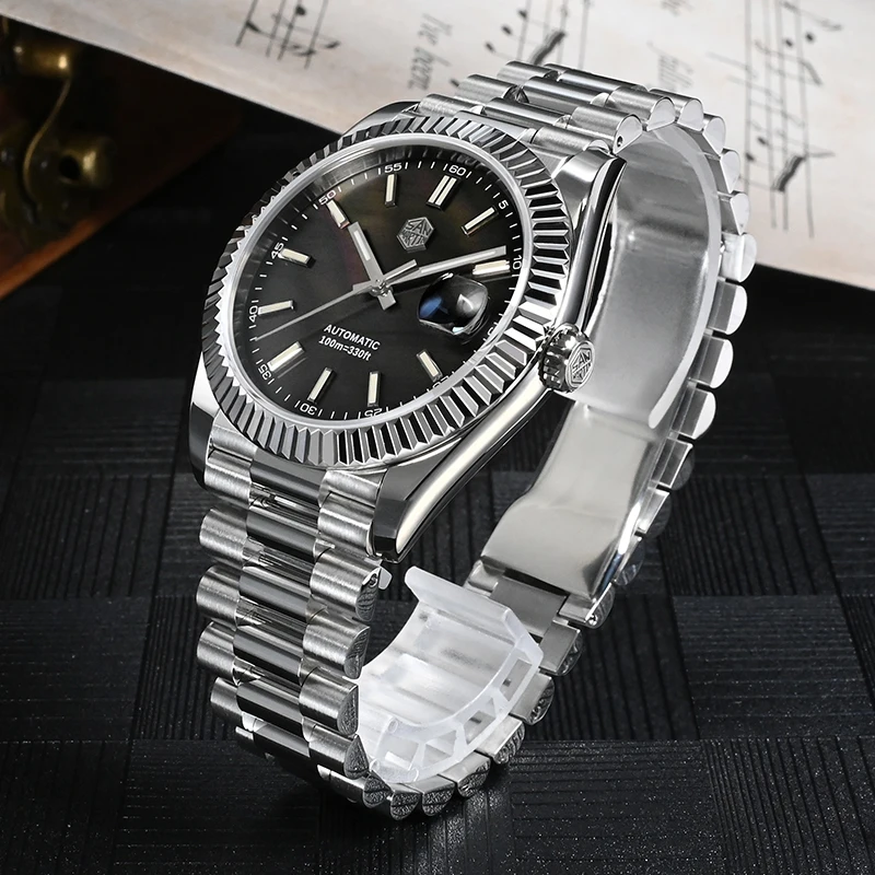 Reloj San Martin para hombre, 40mm, esfera de fregona Vintage, Retro, negocios, zafiro de lujo PT5000, bisel estriado tallado mecánico automático,