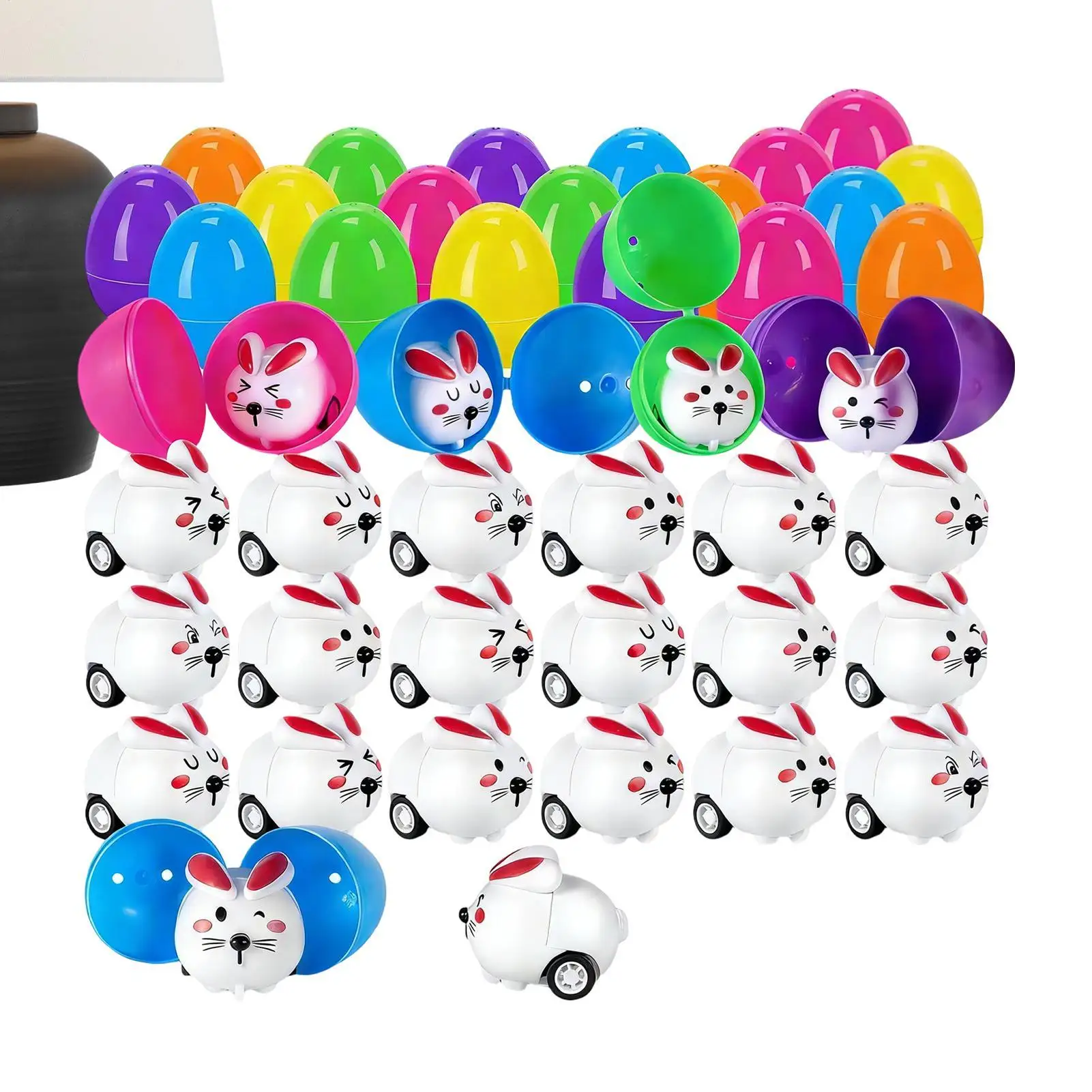 Prefilled Easter Eggs 12pcs Bunny Pull Back Cars Toys Set Kids Easter Party Favors for Egg Hunt Activities Classroom Prizes