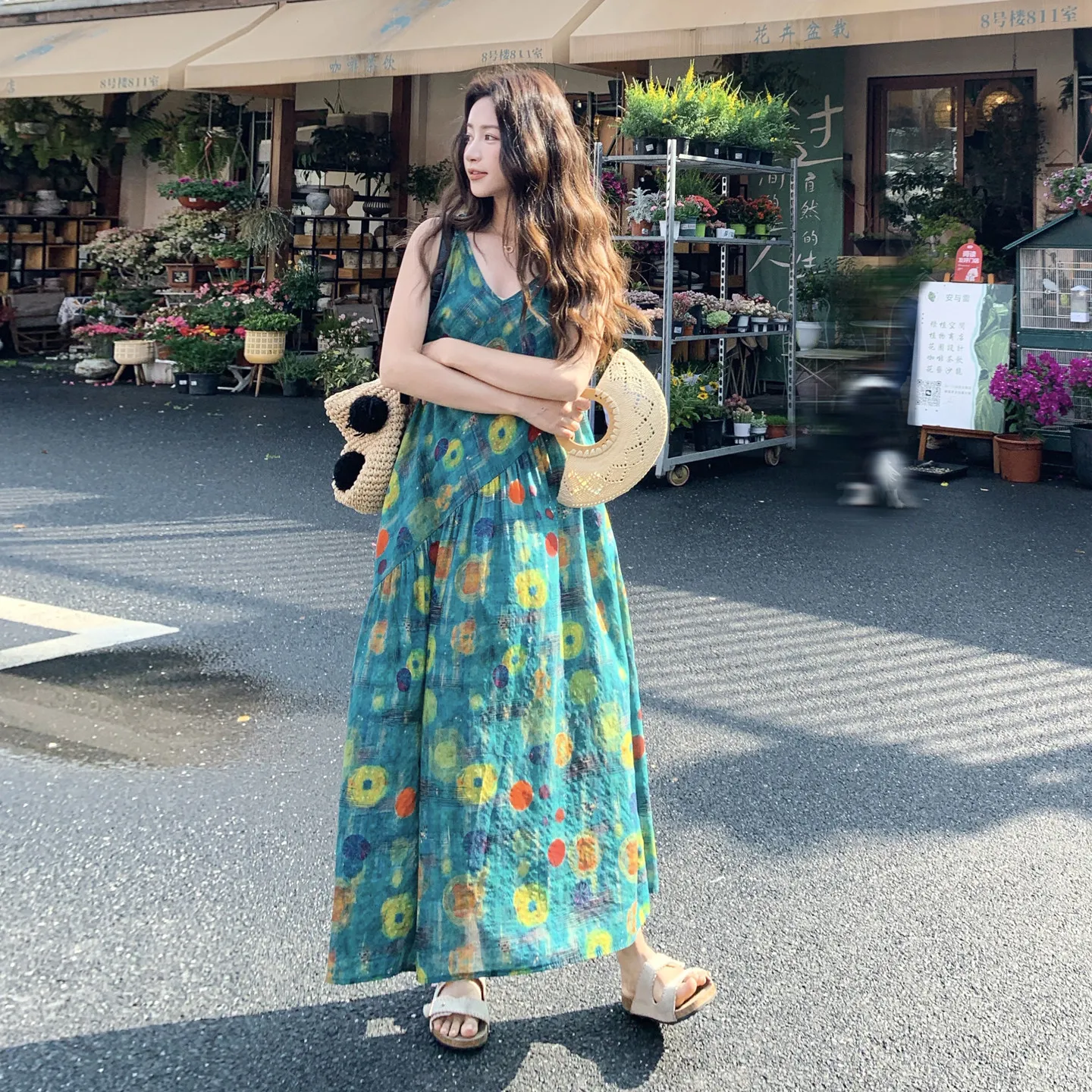 

Summer Women's Green Painting Print Cotton Vest Dress Vacation Beautiful Fairy Atmosphere Long Skirt Casual Loose Vestidos J188