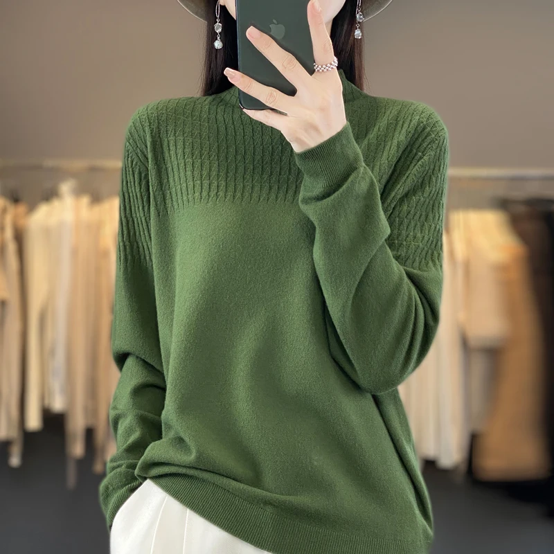 

2023 Women's Cashmere Sweater Women's O-Neck Sweater Solid Knitted Half High Collar Pullover Loose Sweater Women's Top