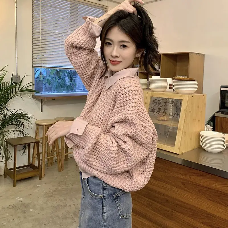 

Gentle Pink Knitted Sweater for Women's New Loose Short Design with a Sense of Outerwear Pullover and Long Sleeved Sweater