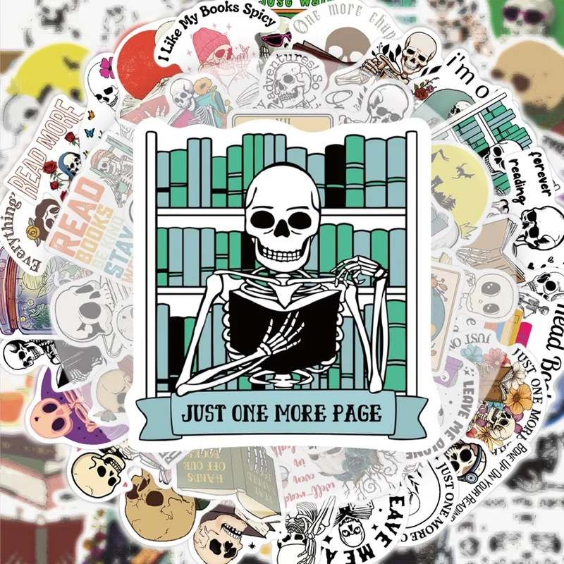 50 Skeleton Reading Stickers, Vibrant Sticker Decals, Multiple Styles Without Duplication, Suitable for Water Bottles, Laptops, Suitcases, Skateboards, Guitars, Party Decorations