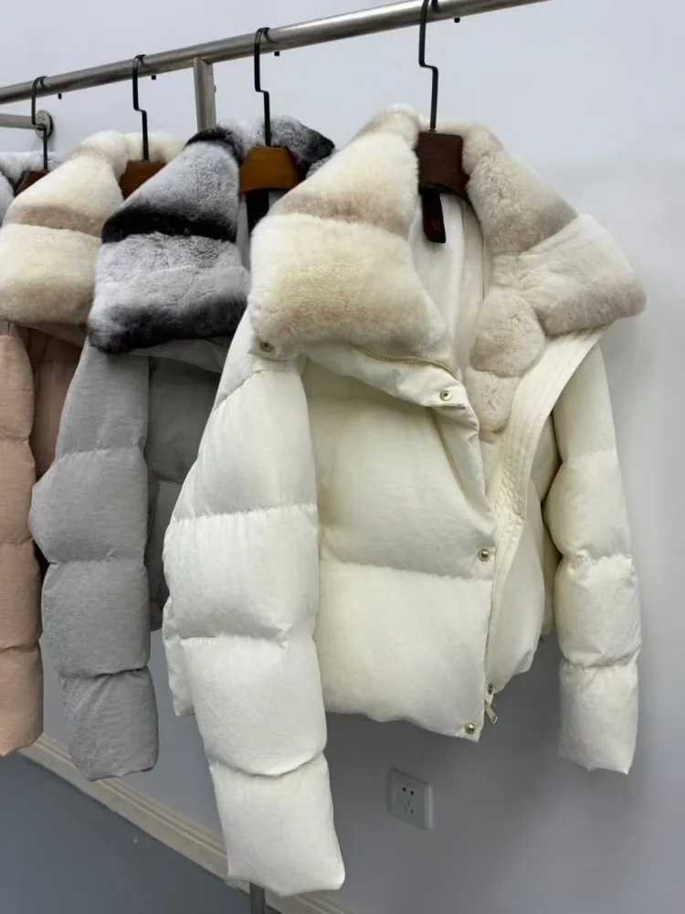 

Women 2025 New Autumn Winter Top Clothes Female Thick Warm Goose Down Coat Hooded Natural Rex Rabbit Fur Fluffy Puffer Jacket