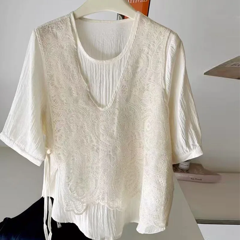 Summer New Style Women Loose Lace False two-piece Short Sleeve T-shirt Fashionable Slimming Top Version Casual Comfortable