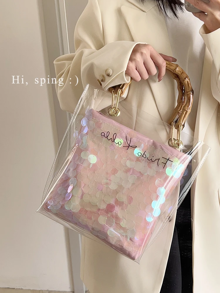 Transparent Handbag 2023 New Summer Sequin Design Bucket Bag Fashionable Single Shoulder Crossbody Bag Bamboo Handle