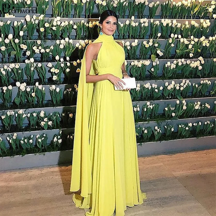 

Dubai Formal Dress Women Elegant Chiffon Ruched High Neck Cape Yellow Evening Dress 2021 Vestido Longo Festa