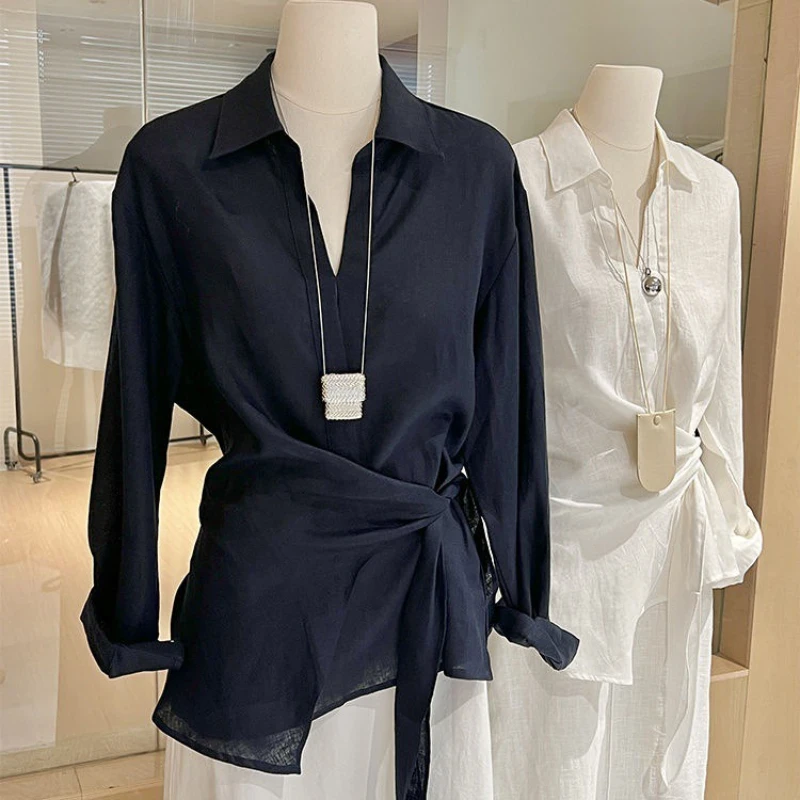 

2025 Autumn and Winter New Design Sense Irregular Lace up Waist Cinching Loose Temperament Top for Women