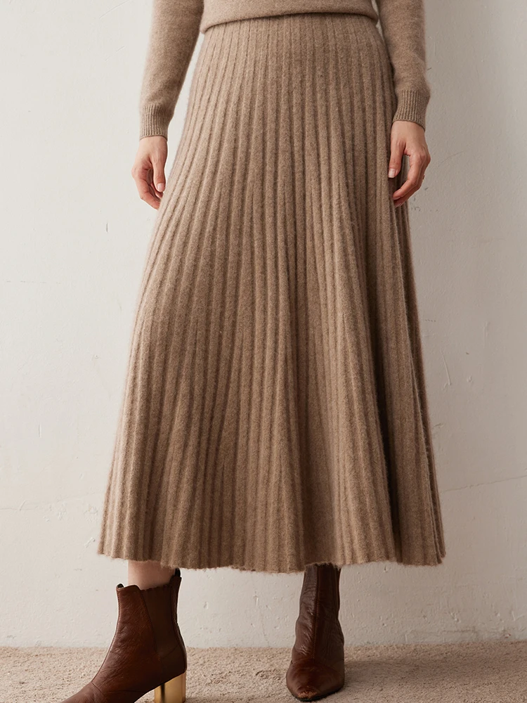 Dream Autumn Winter Women’s 100% Cashmere Skirt A-Line High Waist Long Pleated Skirts Grace Cashmere Dress Korean Style Knitted