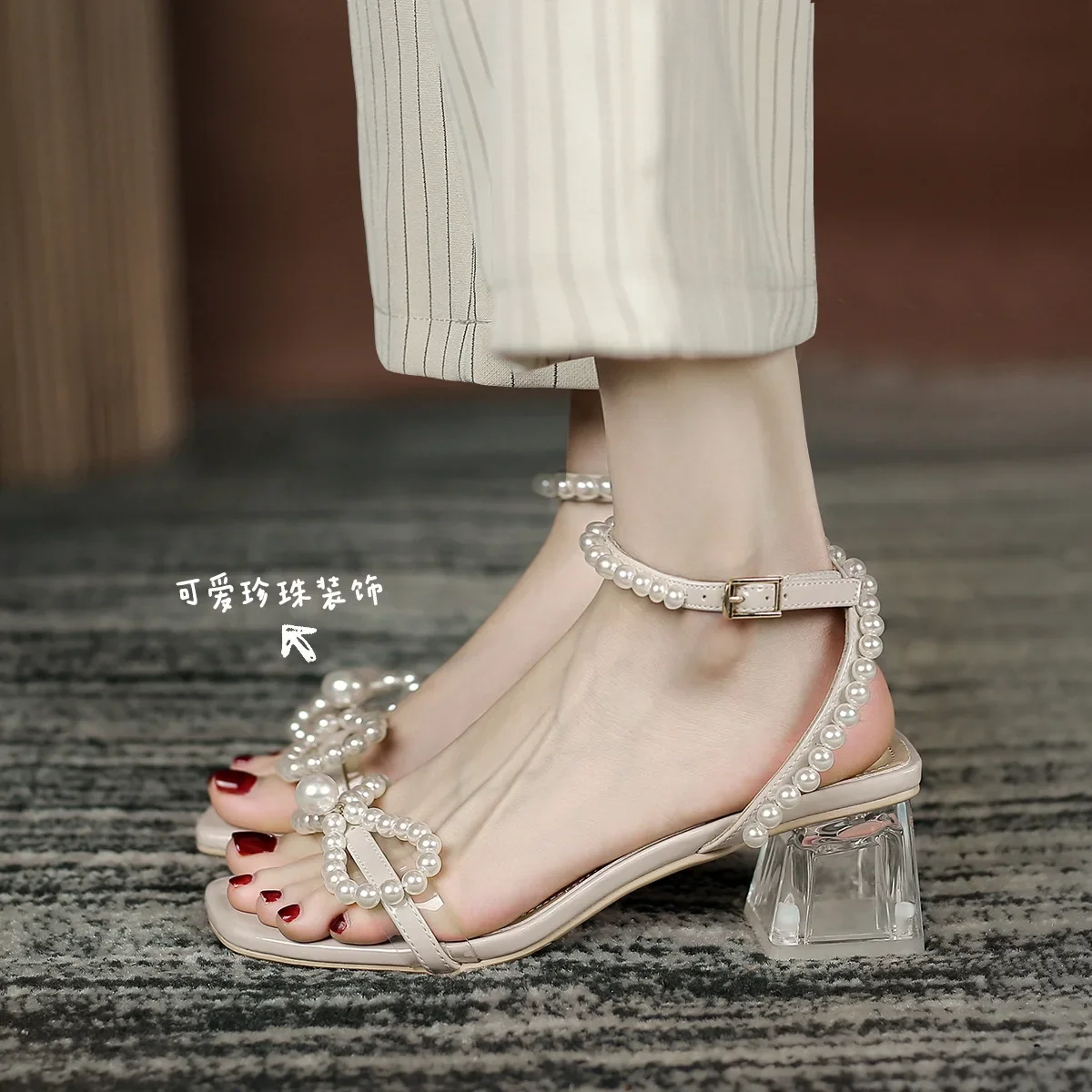 Crystal Thick Heel Sandals Women 2022New Summer Pearl Transparent Fairy Style Fashion High Heels Ladies Casual Versatile Sandals