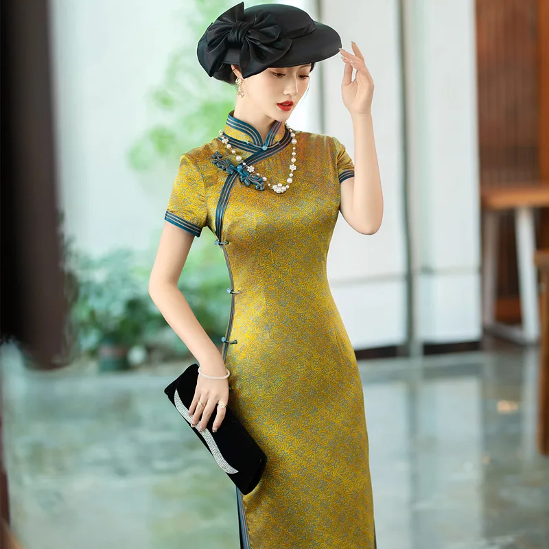 

High-End Old Shanghai Quality Real Silk Cheongsam Qipao 2024 New Retro Dress Long Chinese Chi-Pao