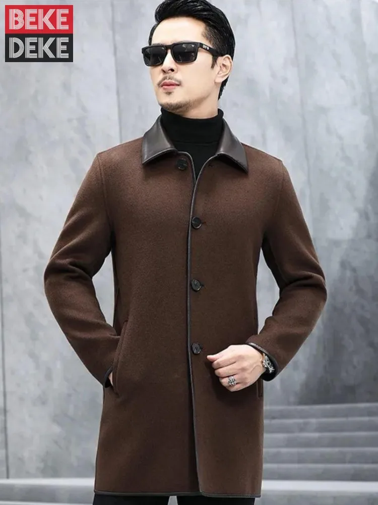 Business Men Autumn Winter Mid Long Double-Sided Woolen Coat Single Breasted Spliced Leather Collar Slim Fit Wool Trench Coats