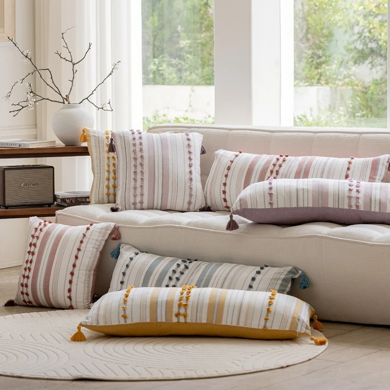 

Modern 30x90cm Stripe Tassel Throw Pillow Cover Soft Cotton Jacquard Cushion Case for Sofa Bed Pastel Rainbow Boho Home Decor