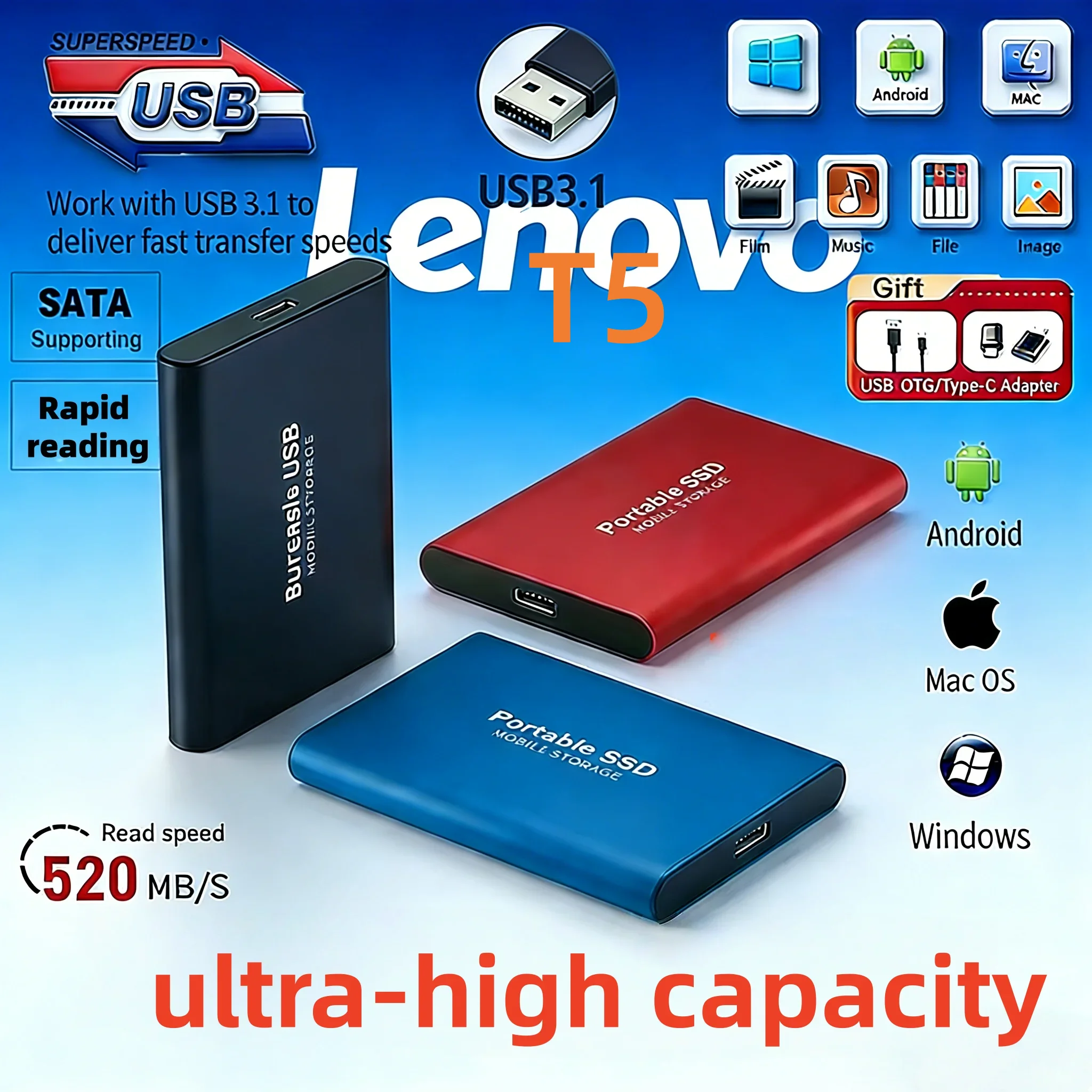 

Новый портативный внешний жесткий диск T5 1 ТБ USB 3.1 Gen 1, высокоскоростной (520 МБ/с), совместим с ноутбуками, настольными ПК, Mac, телефонами Android