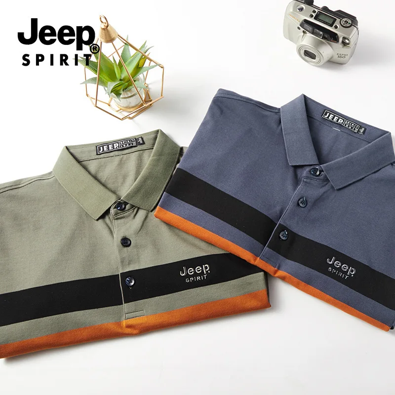 Jeep spirit verão camisa polo masculina listra manga curta lapela algodão casual moda respirável e confortável meia manga roupas