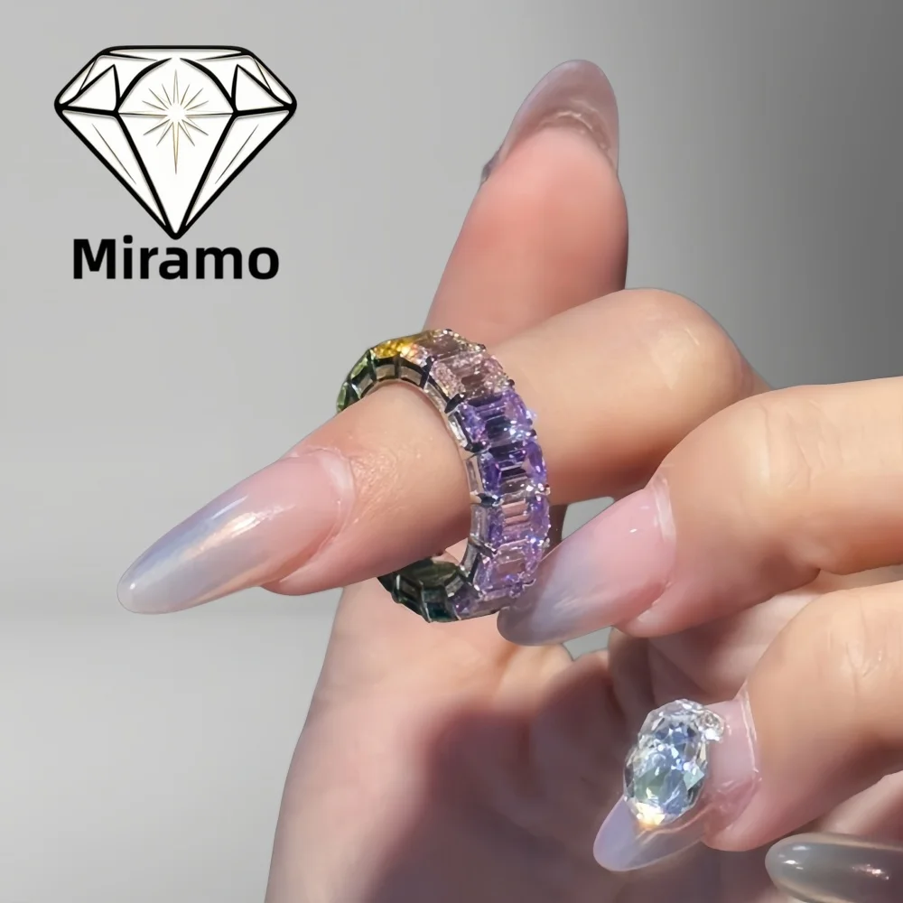 Seven-Color Rainbow Gradient Mystic Cubic Zirconia Halo Band Ring Diamond Ring for Women S925 Sterling Silver with Certificate