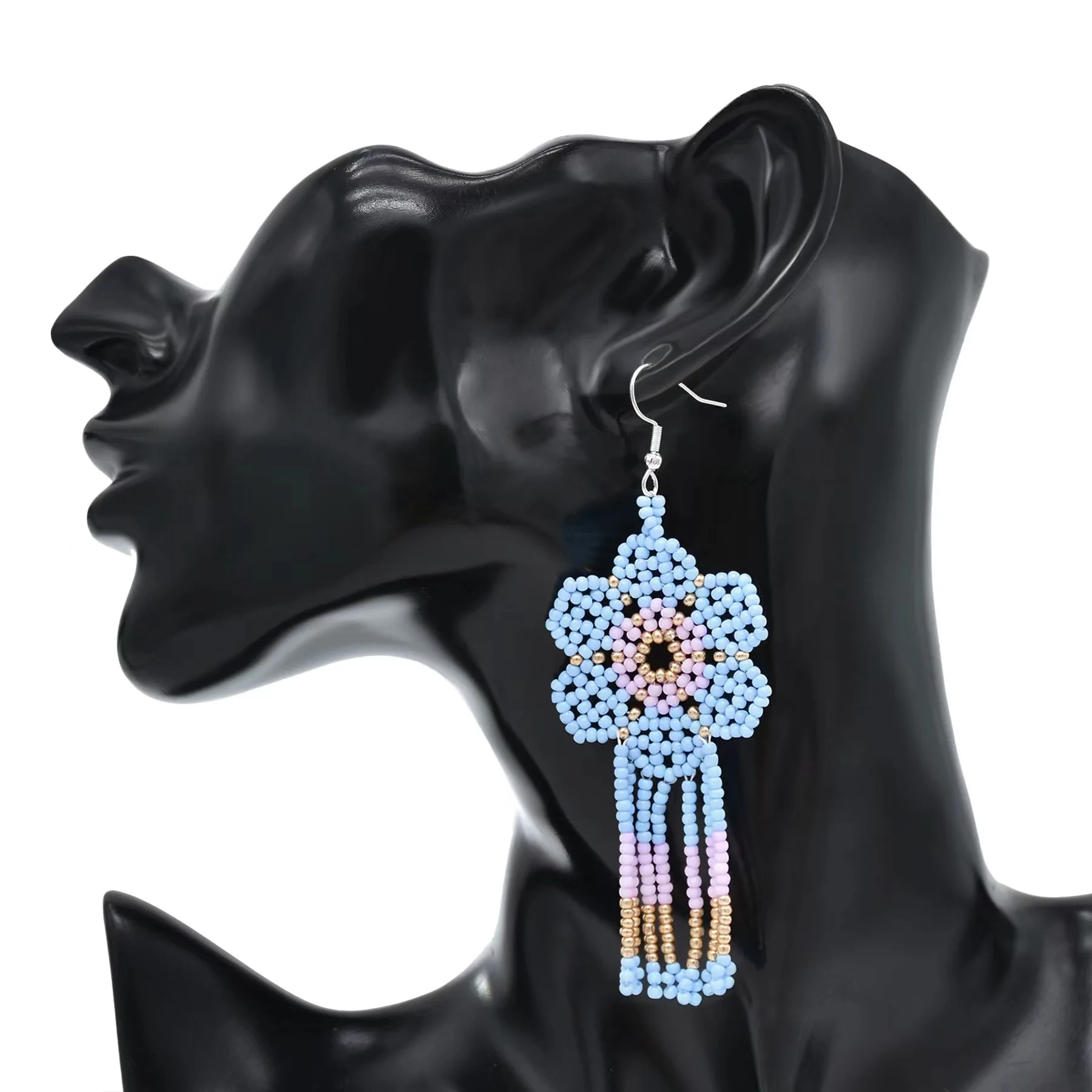 1 Pair Of Fashionable Colorful Flower Rice Bead Long Tassel Earrings With Bohemian Style For Women\'s Temperament Earrings