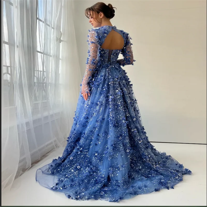 Personalizado luxuly elegante vestidos de baile renda 3d novo em vestidos longos trem destacável tribunal trem uma linha vestidos de noite 2025