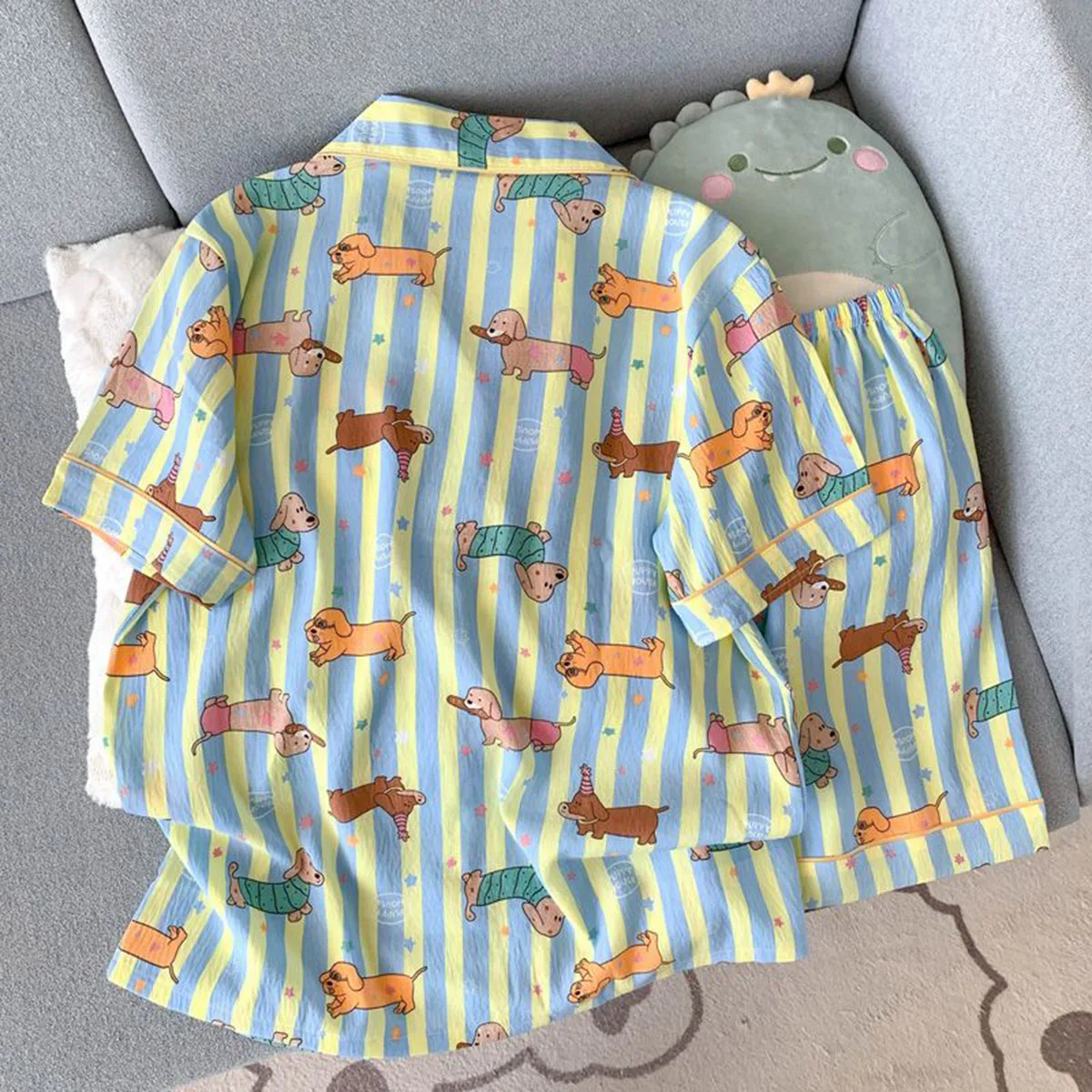 Sternen- und Streifen-Hunde-Print Kawaii-Pyjama für Frauen Y2K Mode Reverskragen Damen-Pyjama Sommer Neu Süß Niedlich Hauskleidung für Frauen – Detail 3