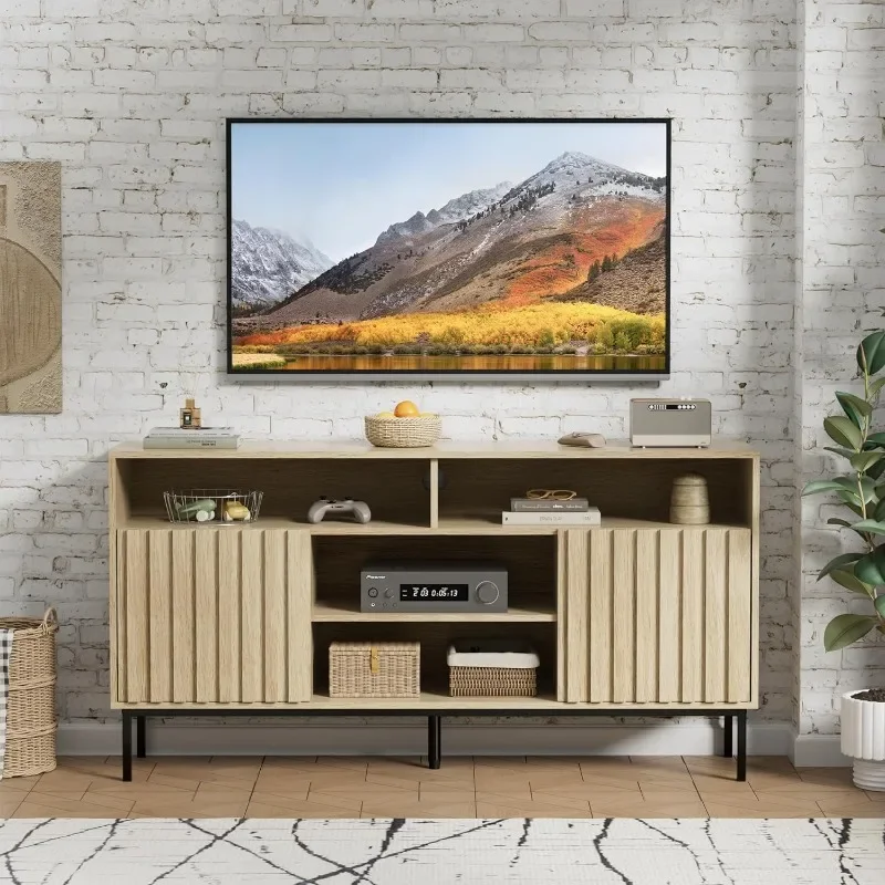 ZHENXIANG-Meuble TV moderne du milieu du siècle, meuble TV en bois naturel, support TV pour chambre à coucher, salon, jusqu'à 50 ", 55", 60/65"