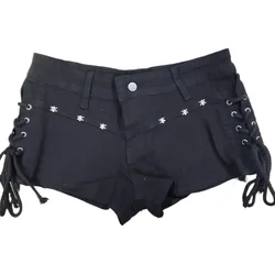 Jeans Shorts Y2k Black Denim Super Shorts Summer Retro Low Waist Straps Tight and Thin Short Hot Pants