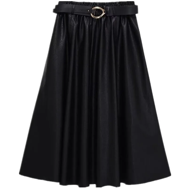 Winter Nieuwe Collectie Vrouwen Lederen Effect Mantel Sle Midi Rok Met Riem Faionable Ci Pendelen A-lijn Loose Fit Rok