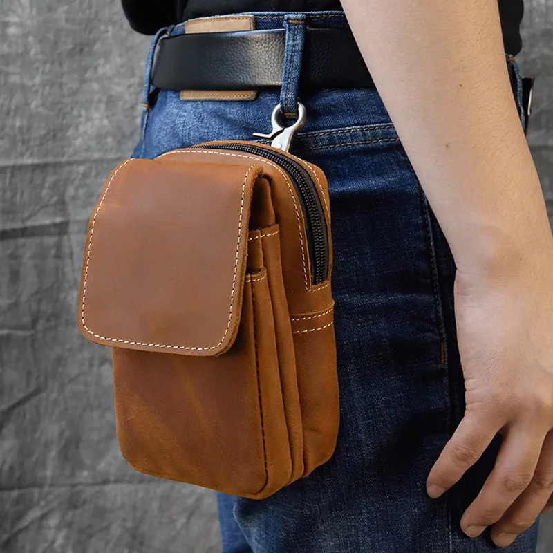 Crazy Horse Leather Waist Bag on Belt Mobile Phone Bag Belt Pouch Cellphone Pouch Fanny Pack Summer Mini Waist Bag Men Male