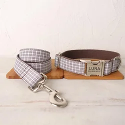 Personalized Dog Collar with Free Engraving, Matching Pet Leash,Customzied Contacts Metal Buckle,Brown White Plaid Pet Collar