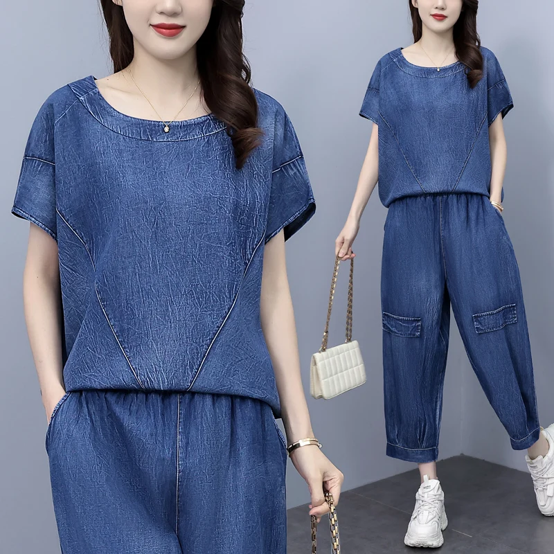 Summer Casual Thin Denim Two-piece Set For Women T-shirt Tops And Harem Pants Female Large Size Blue Loose Soft Matching Suits