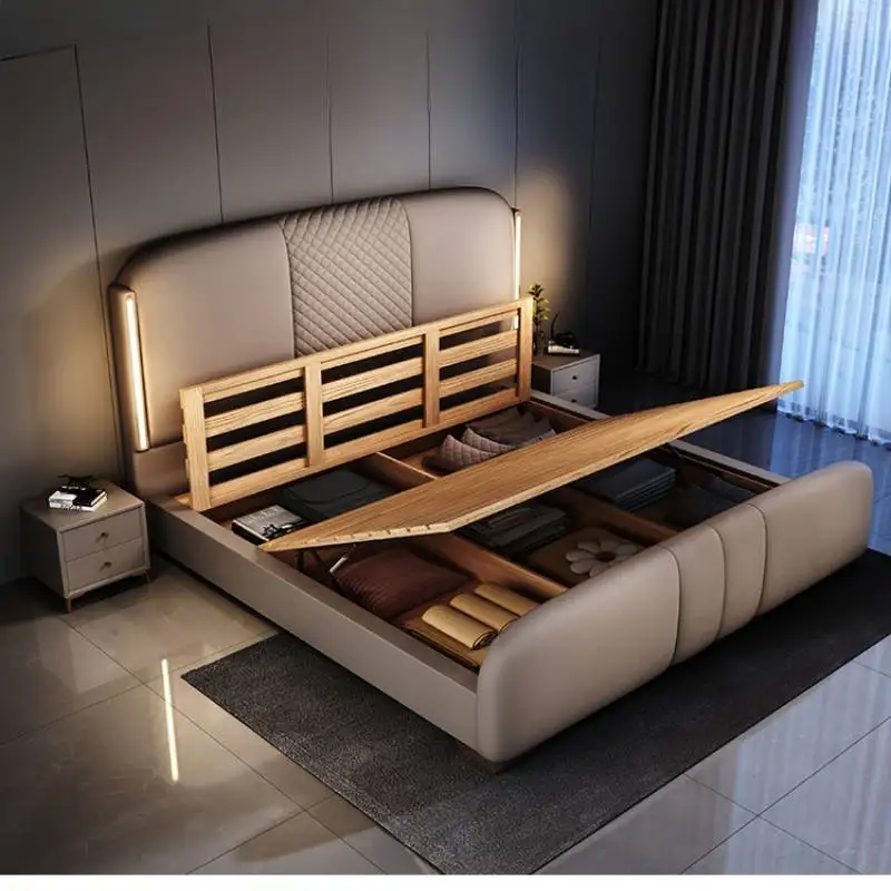 Wood Tall Headboard Bed Frame Double European Style Modern Nightstands Bed Frame Queen Size Bedroom Cama Moderno Lujo Furniture