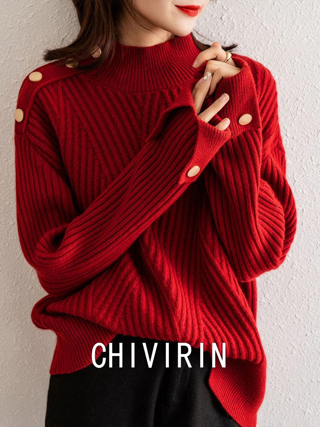 

Chic High Ne Knitwear Metal Button Lazy Sle Women's Spring Autumn Wool Blend Comfortable Warm Faionable Top