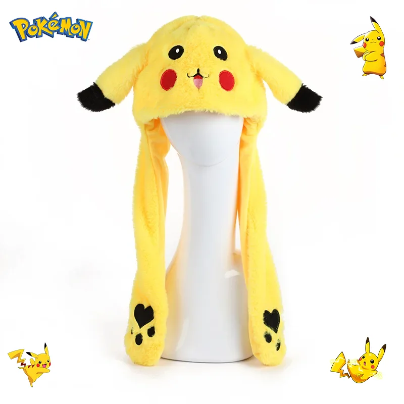 New Anime Pokemon Kawaii Pikachu Women Hat Beanie Can Moving Bunny Ears Hat with Shine Earflap Casual Animal Cap Birthday Gift