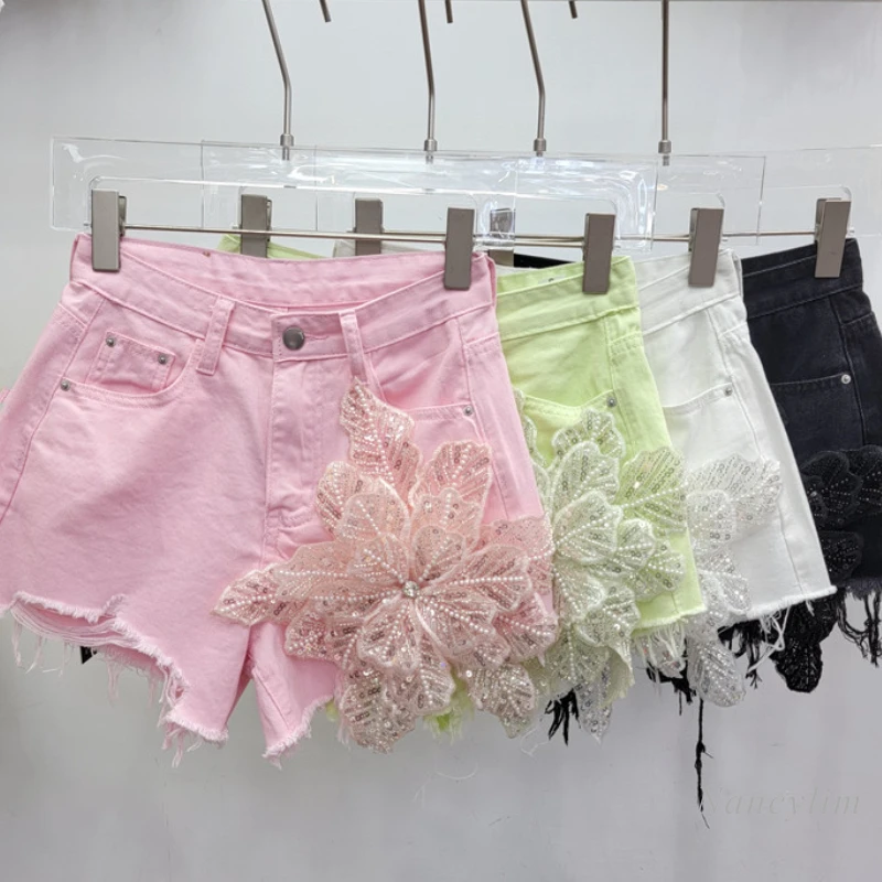 

Green Denim Shorts Women's Summer New Korean Style Three-Dimensional Embroidered Flower Ripped Burr Straight Wide Leg Shorts