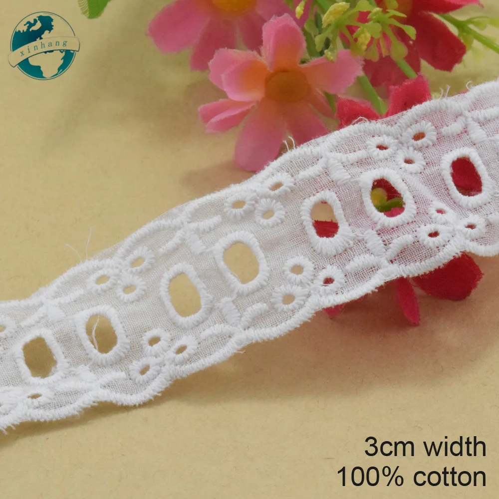 2.6cm Wide White Pure Cotton Embroid Lace Sewing Ribbon Fabric Guipure Diy Trims Knitting DIY Dress Garment Accessories#3804