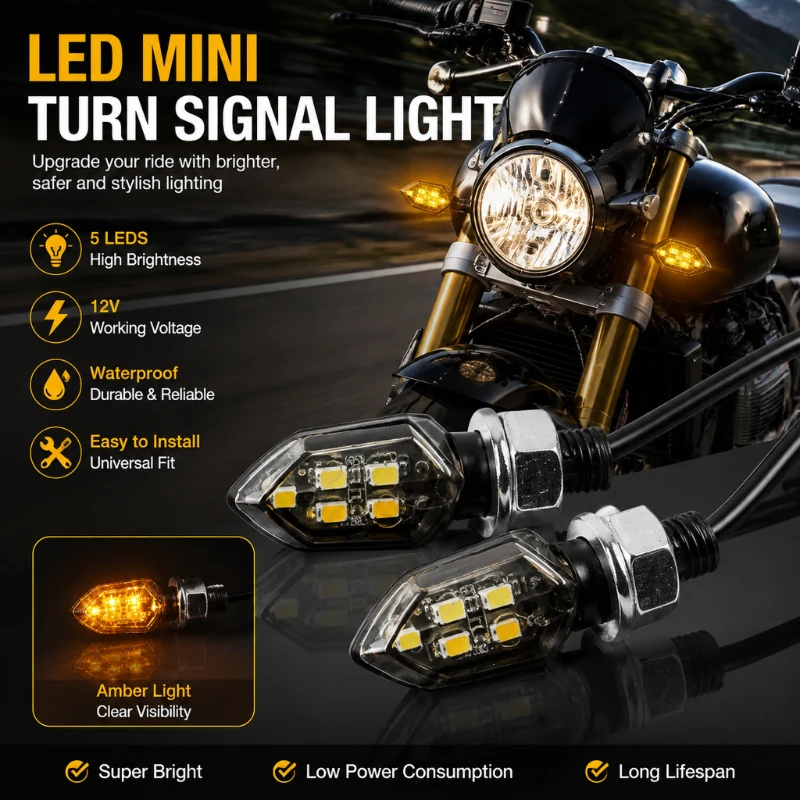 LED Turn Signal Light Super Bright Motorcycle Mini Universal Yellow Blinker Indicators External Headlight Retrofit and Upgrade