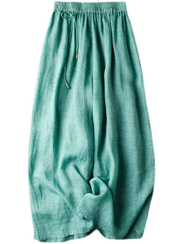 Women's Summer New Sle Artistic Lightweight Driftin Flax Casual Pants Loose Wide Leg Pants Nine Points Slimming Trousers