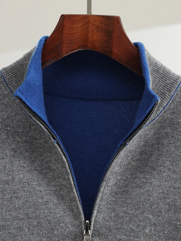 100% Merino Cashmere Men's Zipper Cardigan Stand Up Collar Casual Fashion Double-sided Autumn Winter Sweater