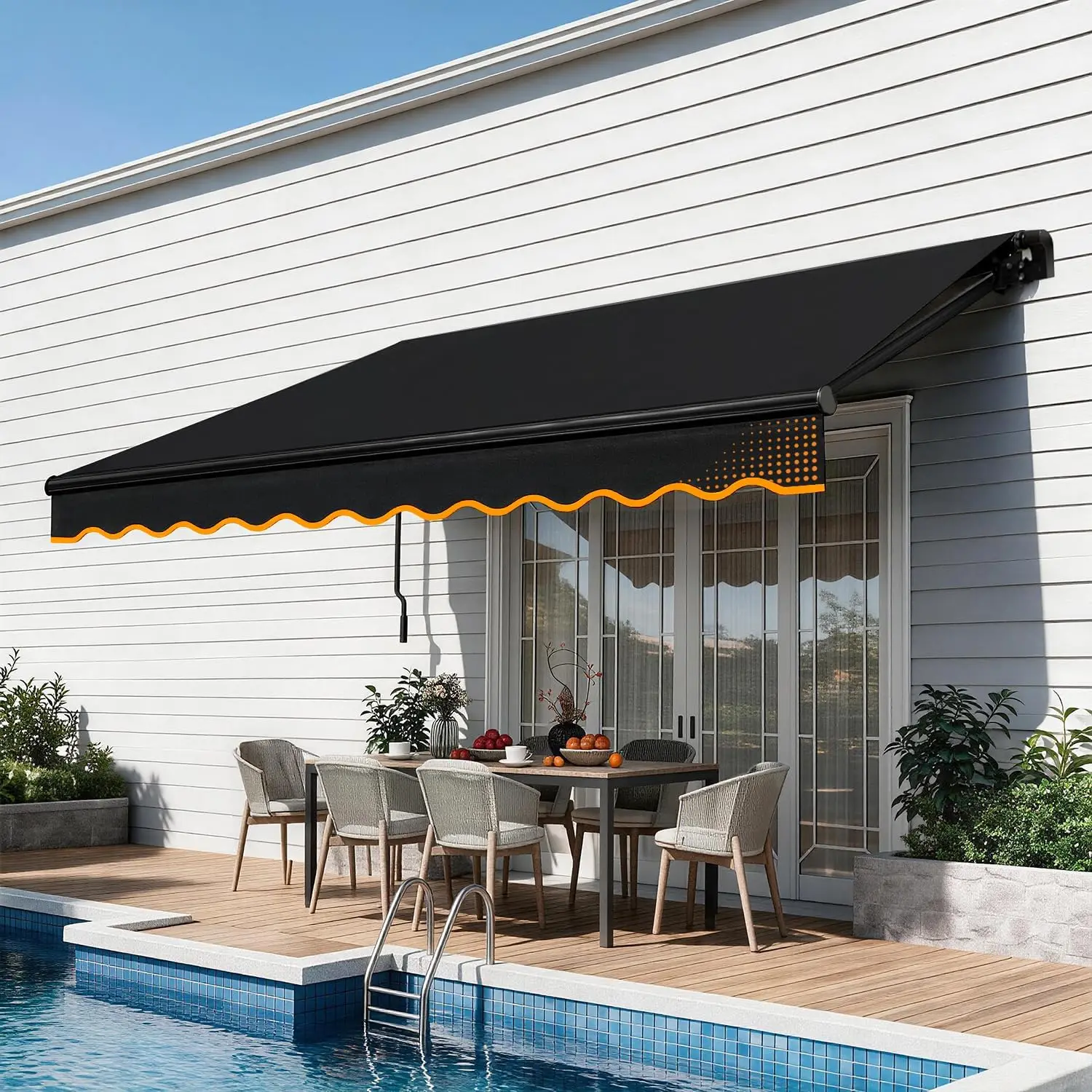 Manual Retractable Awning, 12 x 10 ft Outdoor Patio Sun Shade