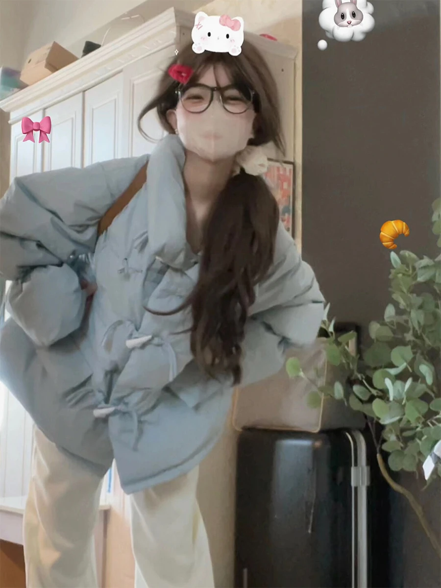 

Korean Style Sweet Milk Blue Button down Puffer Cotton Jacket Women's Winter New Loose Versatile Thick Warm Bread Style Cotto...