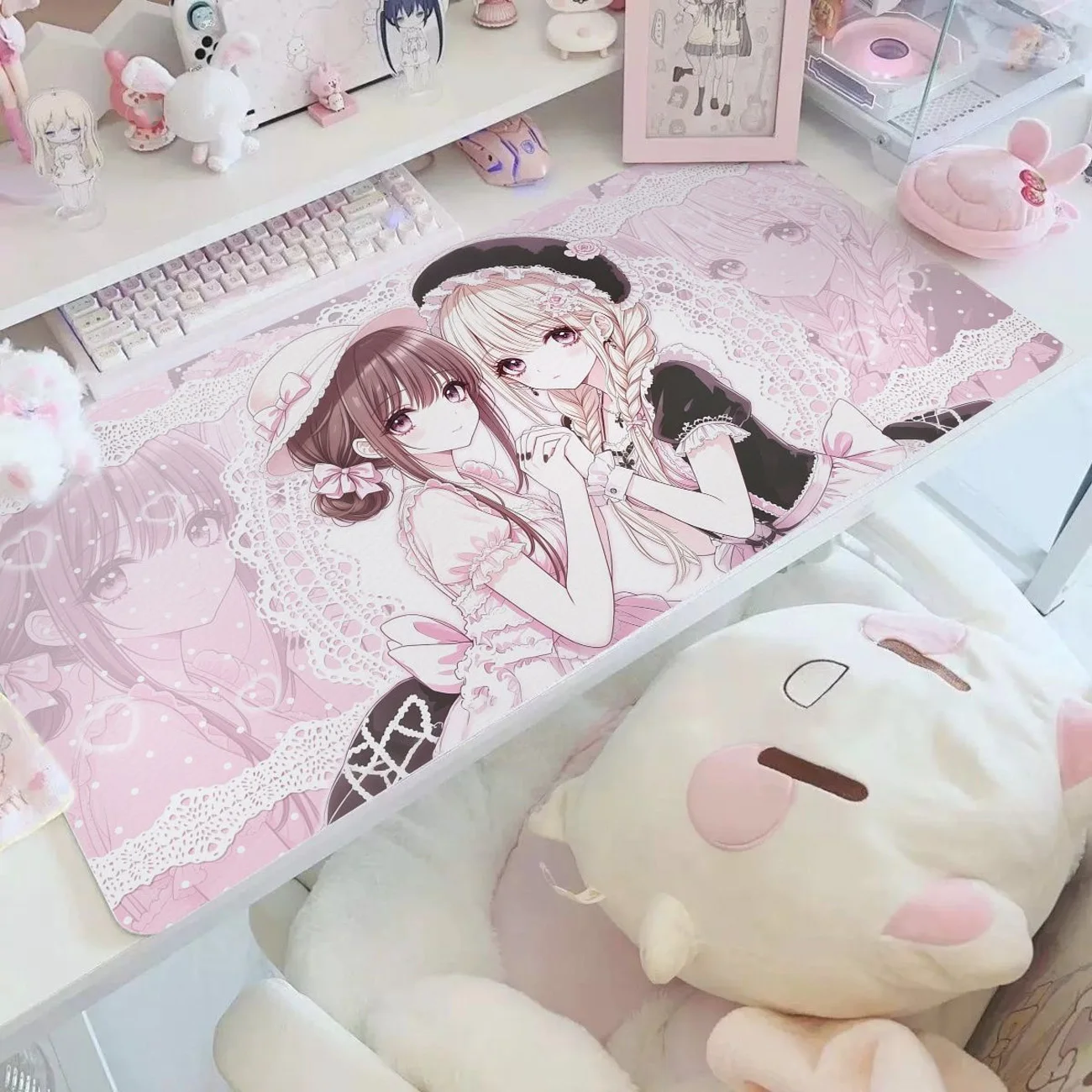 Sweet Pink Anime Girl PU Leather Desk Pad Lace Heart Pattern Waterproof Mousepad Non Slip Desktop Mat for Gaming Work Decoration