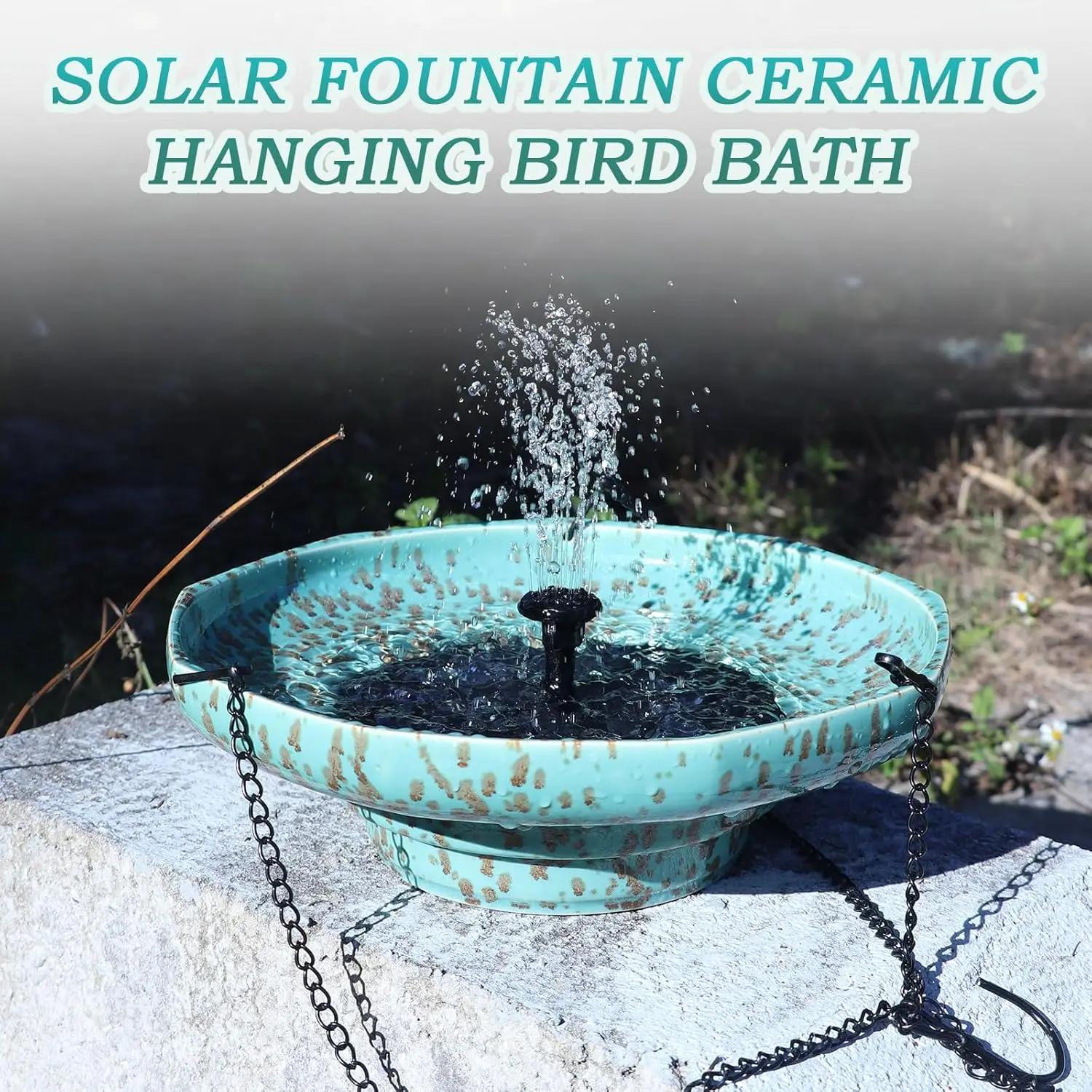 حمام الطيور المعلق بالسيراميك الذي يعمل بالطاقة الشمسية مع نافورة لديكور الحديقة الخارجية