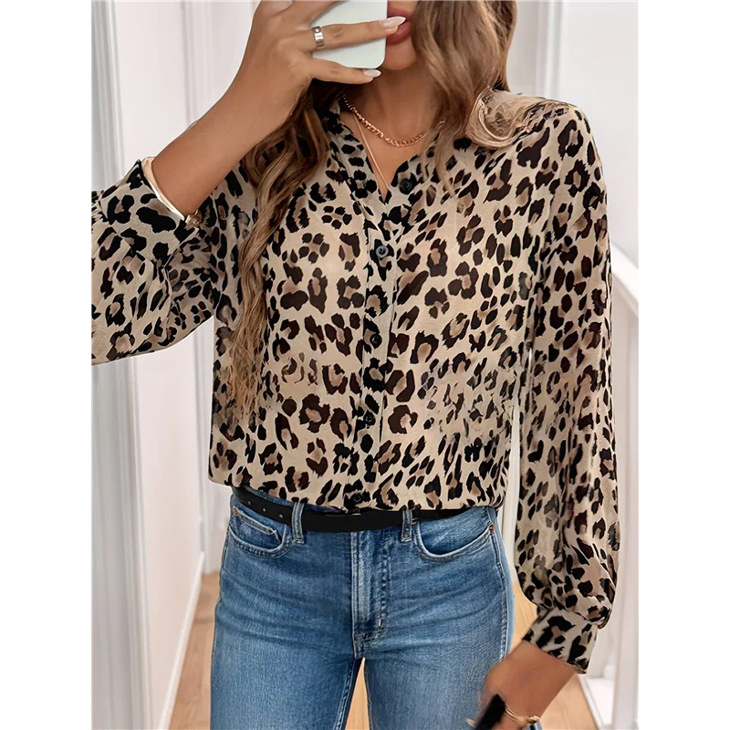 

ABRT-Women's Leopard Print Button Down Blouse Cheetah Long Sleeve Lapel Collar V Neck Shirt Tops