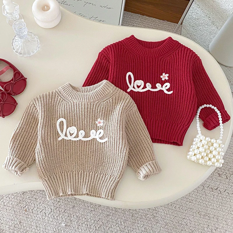 

Новинка 2023 года, осенний вязаный пуловер с длинными рукавами и вышивкой для маленьких девочек, свитер для новорожденных, детская одежда для детей 0-3 лет