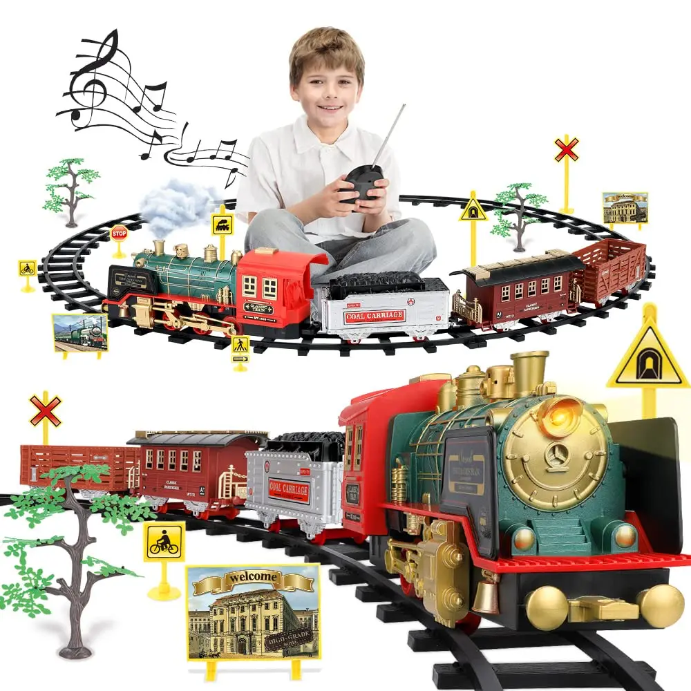 Remote Control Track Train Car Classical Simulation Water Steam Electric Railway Set Christmas Gift Educational Toy For Children