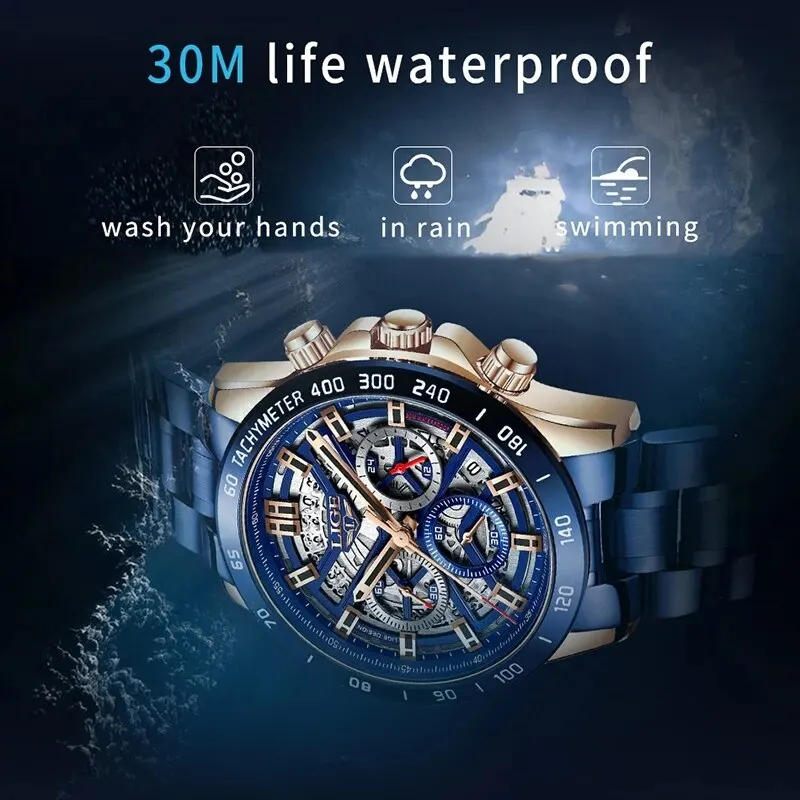 LIGE 2024 New Men Watch Top Brand Luxury Hollow Watch Men Waterproof Sport Quartz Chronograph Wrist Watch Man Relogio Masculino