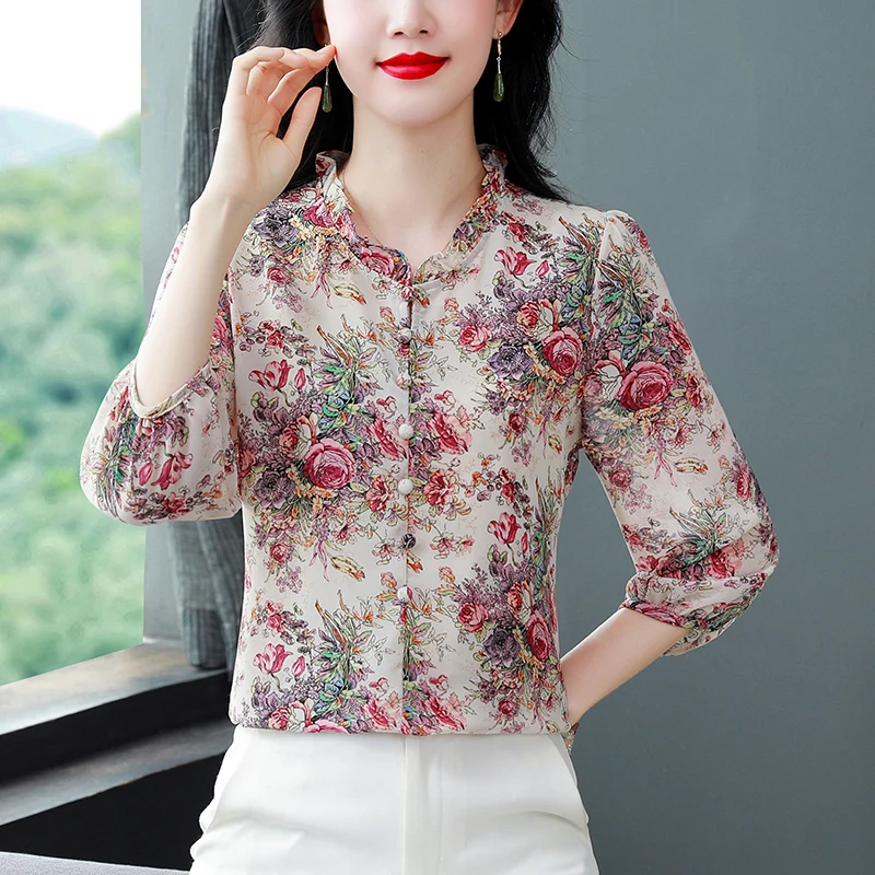 2024 Spring Summer Women Shirt New Fashion Silk Chiffon Blouse Printed Stand Collar 3/4 Sleeve Floral Printed Tops