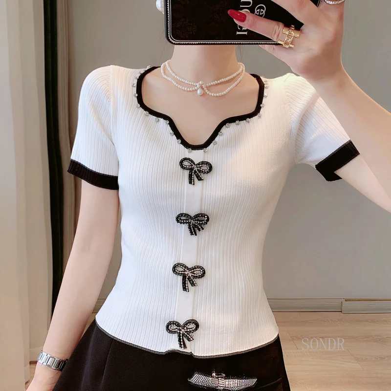 

Pink T Shirt Women 2022 Summer Tops Tshirt Contrast Nail Drill Collar Bow Elastic Slim Sweater Shirt Short Sleeve Tee Tops